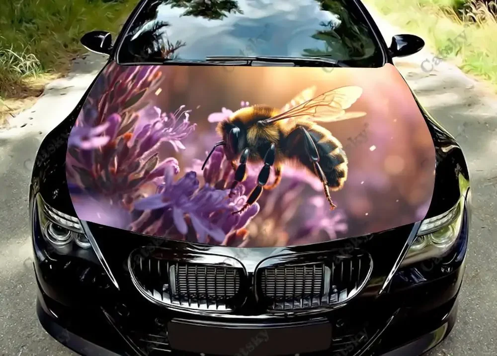 Bee in The Flower Fields Car Hood Vinyl Stickers Wrap Vinyl Film Engine Cover Decals Sticker Universal Car Hood Protective Film