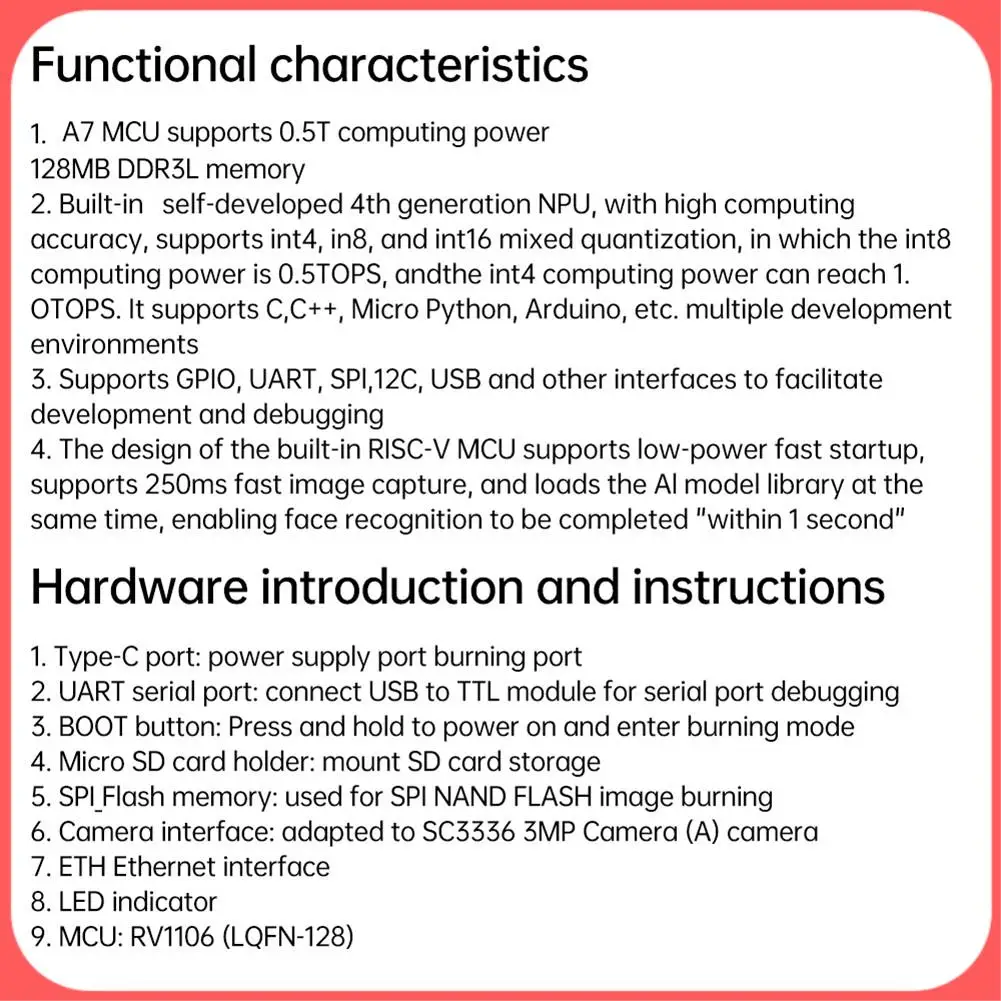 

AA89-RV1106 Плата разработки Linux RISC-V Архитектура 256 МБ флэш-памяти 100 Мбит/с Порт Ethernet Плата искусственного интеллекта