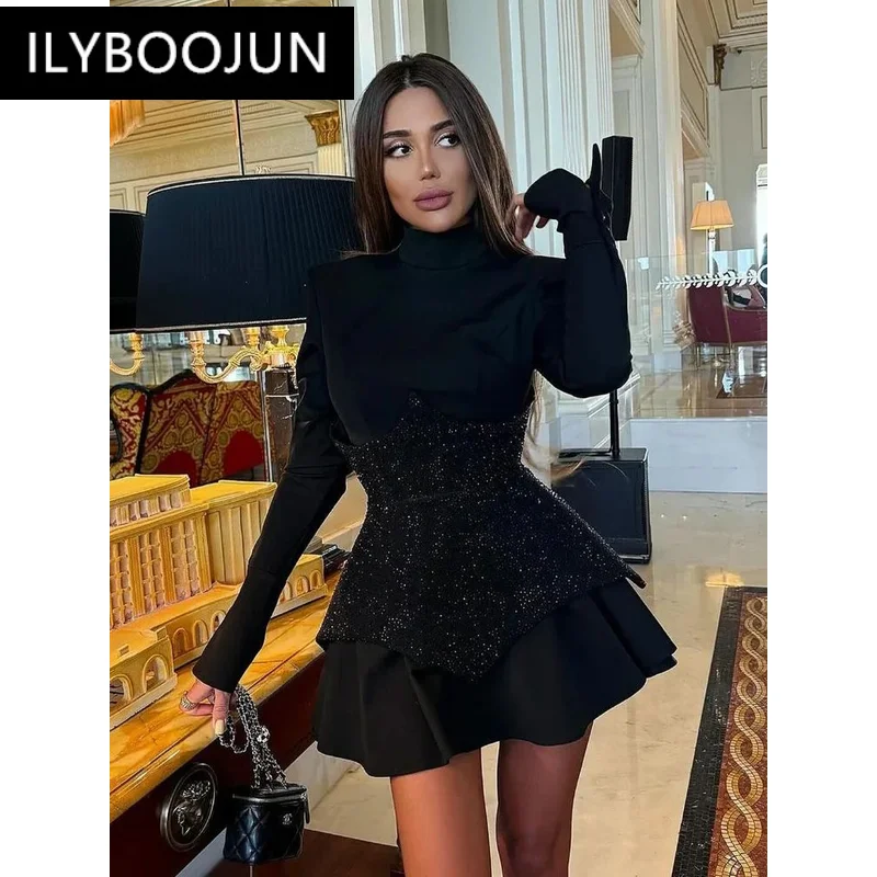 Evening Party Dresses For Women 2024 Sexy Ins Long Sleeve Black Pleated Dress High Street Glitter Celebrity Office Lady