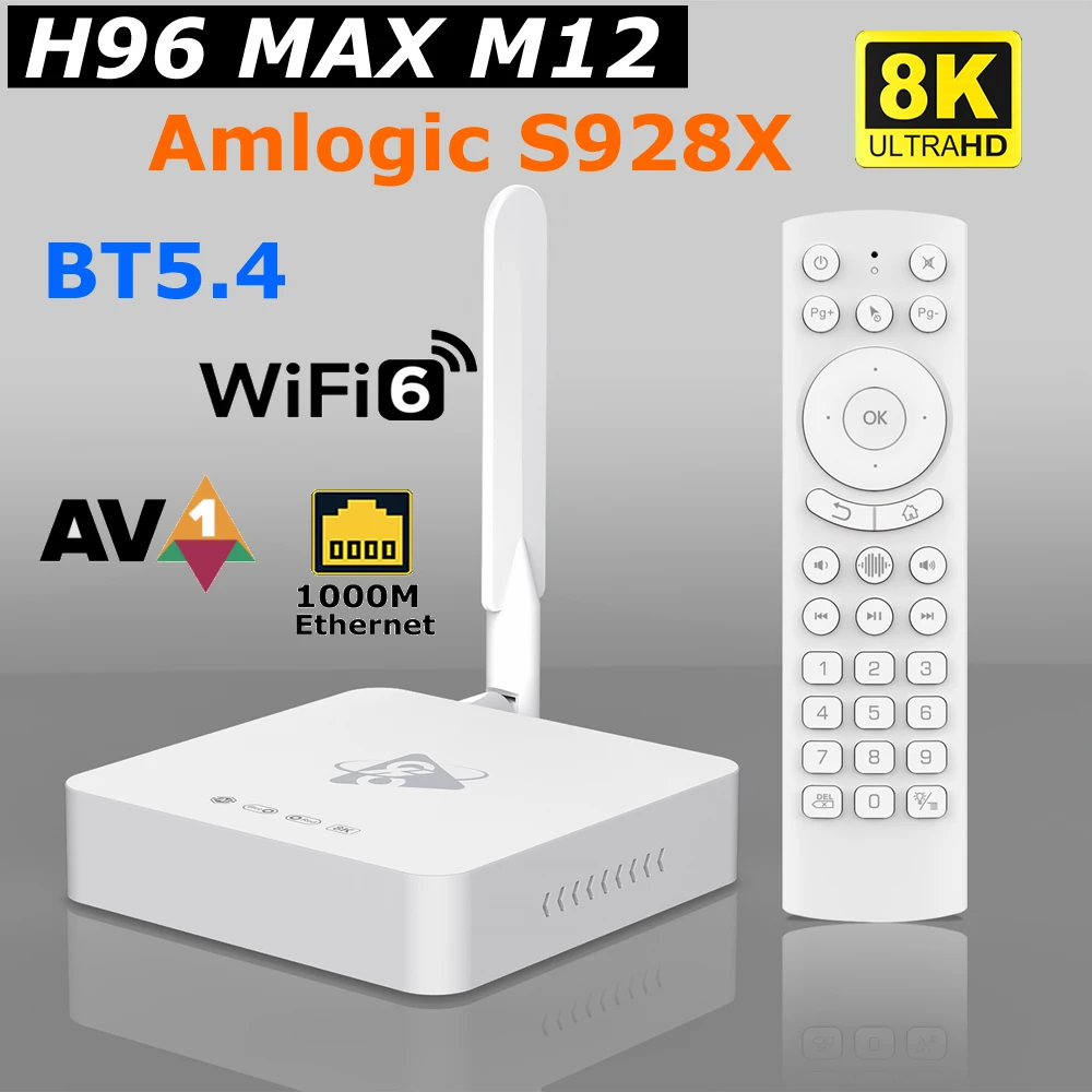 

Android 11 TV Box H96 MAX M12 Amlogic S928X Max DDR4 8GB RAM 128GB ROM 8K Output Wifi6 BT5.4 1000M Lan AV1 4GB 32GB Set Top Box