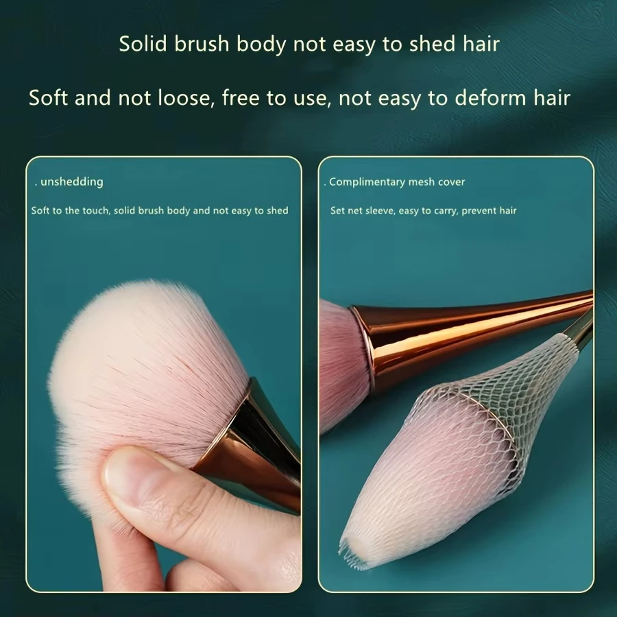 Brocha de maquillaje abanico rosa dorado, brocha para polvo suelto, iluminador y rubor, cerdas suaves para fijar el maquillaje 4
