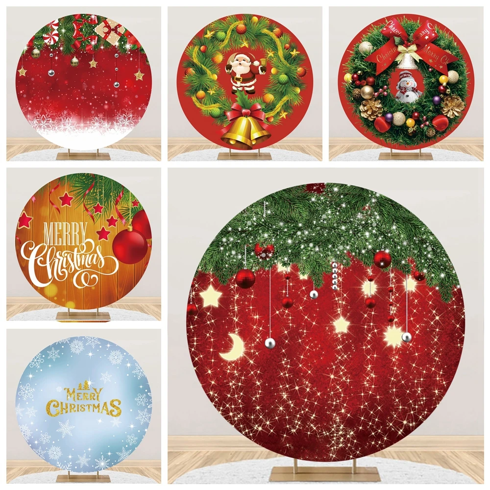 

Merry Christmas Round Backdrop Snowman Santa Snowflake Xmas Tree Wooden Board Party Decor Background Photographic Studio Props