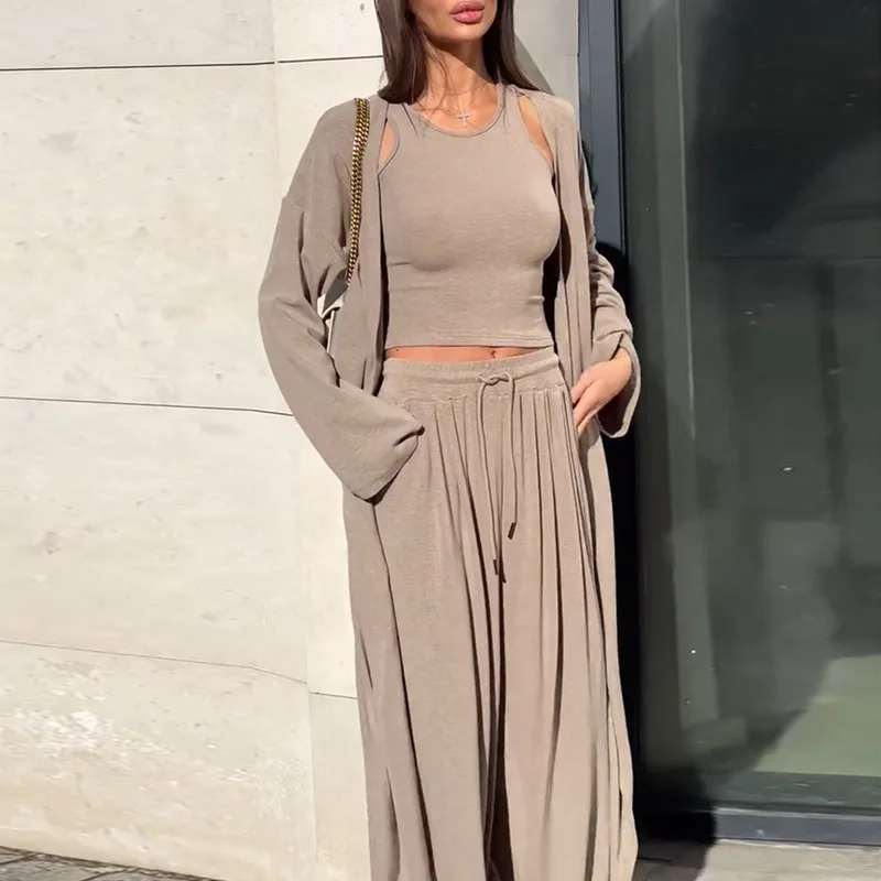 

Spring Summer Casual Long Coat Strap Wide Leg Pants Three Piece Set Women Fashion Suit Long Sleeve round Neck Overhead Style