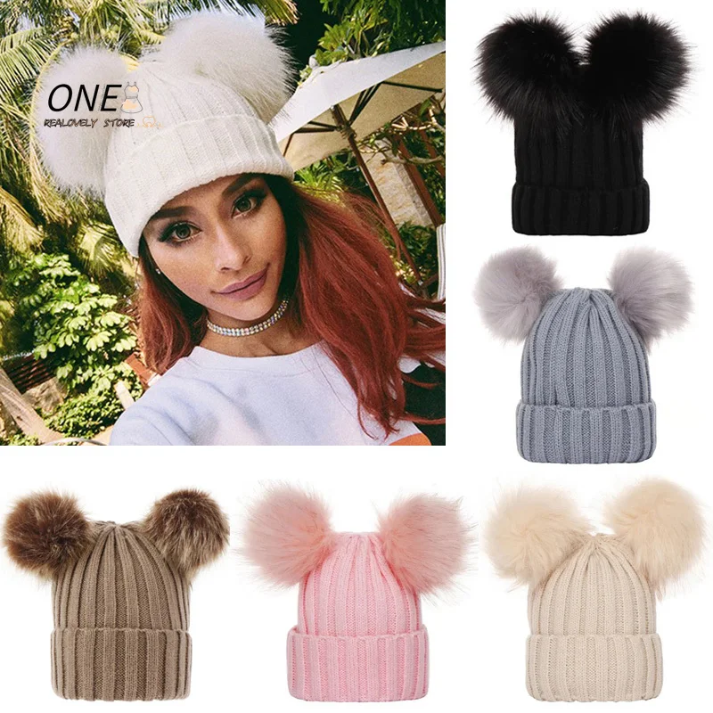 Winter Women Beanie Hats Faux Fur Ball Mother Kids Hats for Girls Boys Warm Knitted Bobbles Woman Cap Teenager Grils Beanies