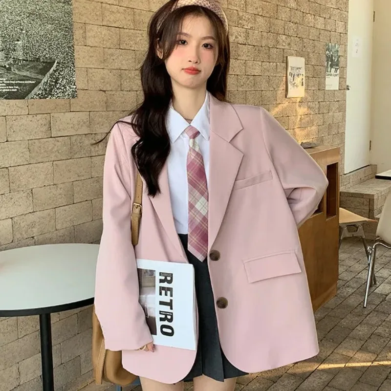 Insozkdg Gentle Pink Women's Suit Blazer Spring Autumn Temperament Korean Style Loose Casual Solid Single-breasted Suit Jacket