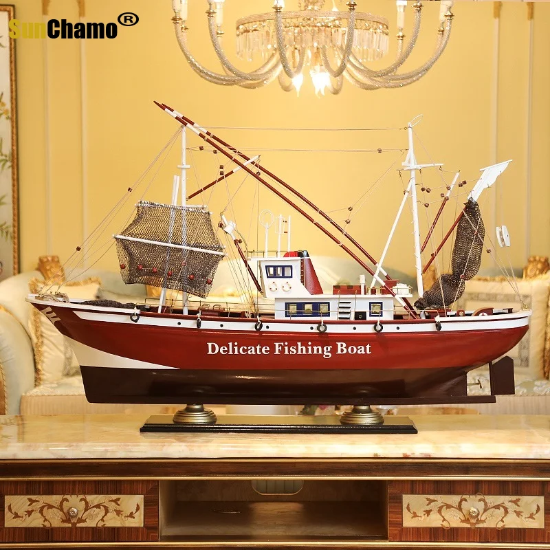 Creative Wooden Smooth Sailing Model Ornaments Large Porch Decorative Pirate Ship Crafts Simulation of Fishing Boat Home Decor