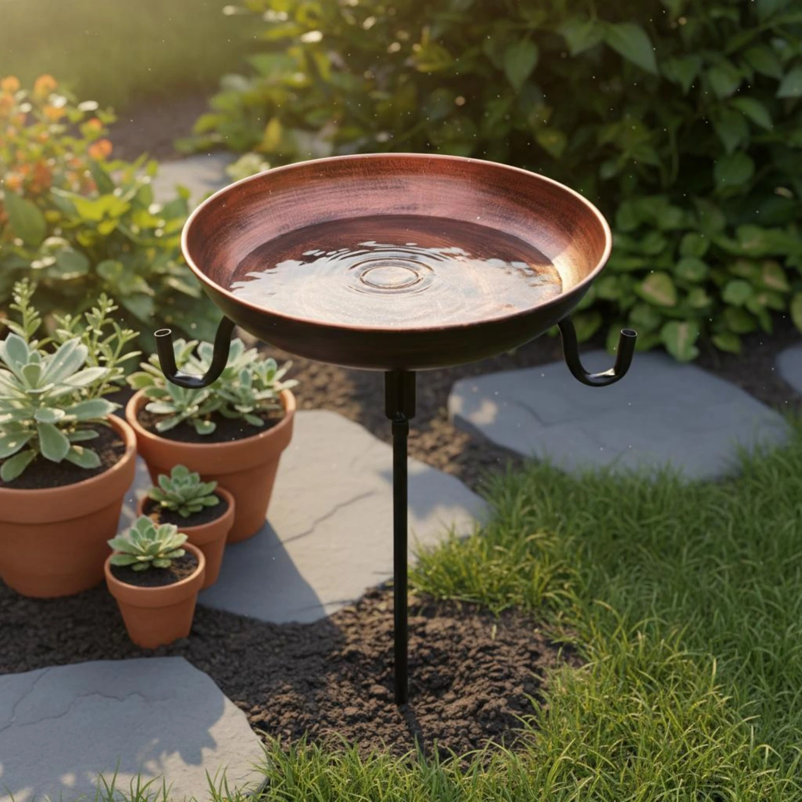 Metal Bird Bath Feeder Side Hooks Bird Bath Stake Feeder Garden Decor Multi Use Yard Ornament Waterproof