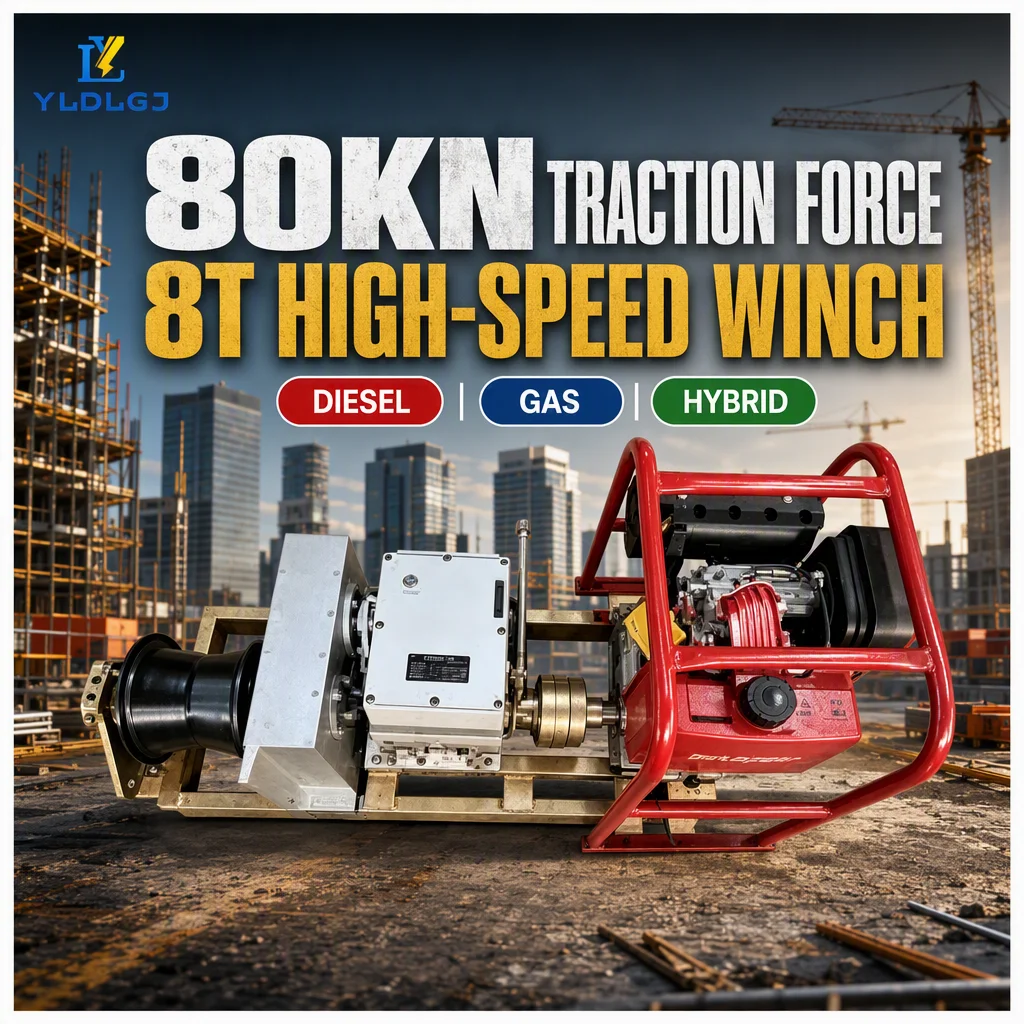 YILI 8T 80KN Hybrid Diesel Gas Capstan Winch High Speed Red Roll Cage Black Drum Mobile Cable Traction Puller Construction Unit