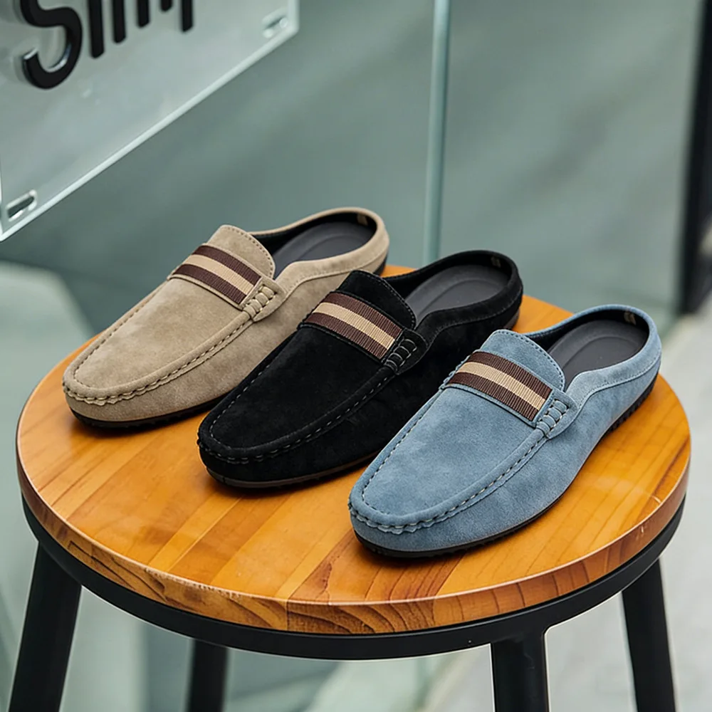 Zapatos de Verano para Hombre, Pantuflas de Cuero Gamuzado, Sandalias Casuales de Calle, Mocasines Planos y Suaves