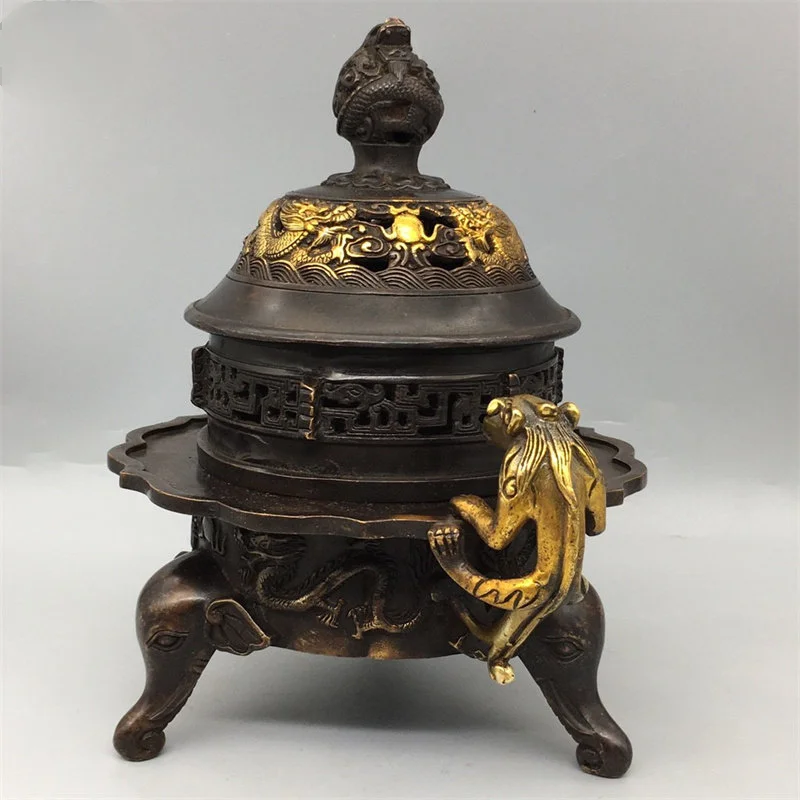 Gilt Brass Dragon Ear Incense Burner Antique Chinese Censer Hollow Dragon Carved Lid Elephant Three Legs Desktop Altar Ornament