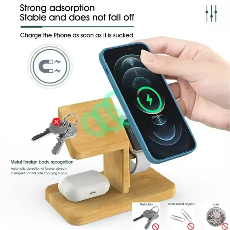 

15W Mobile Phone Headset Watch Charger Wooden Phone Holder Desktop Storage 3-in-1 Bamboo Wood Magnetic Wireless Charging Station
