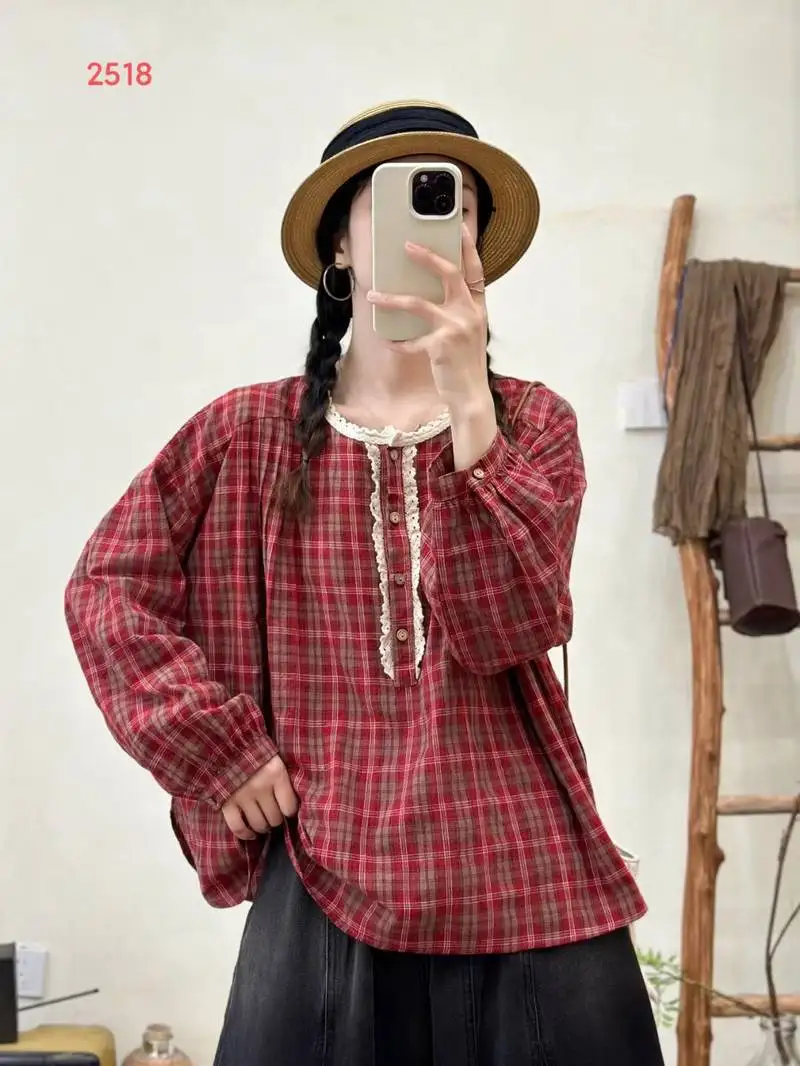 New 2025 Fall Cotton Long Sleeve Shirt, Women O Neck Plaid Ruffles Patchwork, Mori Girl Retro Preppy Style Loose Blouse T5O582CC