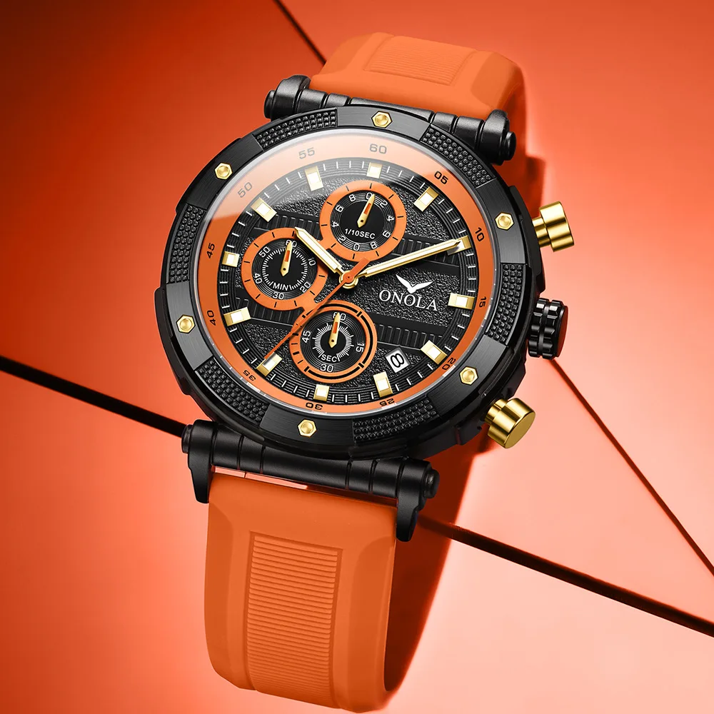 2024 Fashion Orange Watch For Men Brand ONOLA Casual Silicone Strap Quartz Clocks Sports Chronograph Wristwatch Man Reloj Hombre