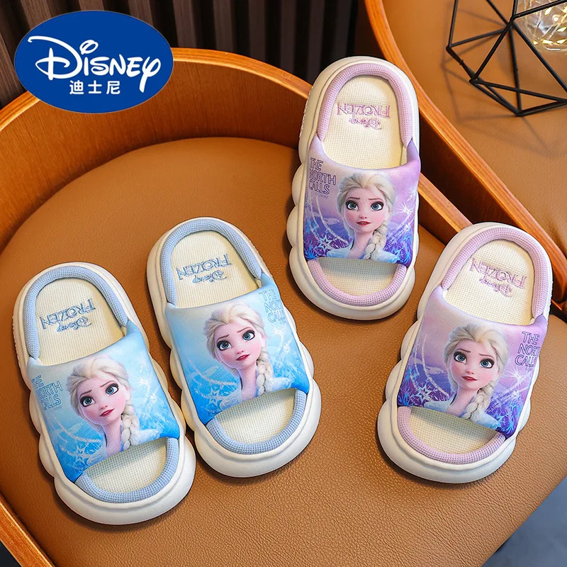 Disney Children\'s Linen Slippers Girls\' Indoor Home Shoes Blue Purple Shoes Frozen Priness Elsa Sandals Size 24-36