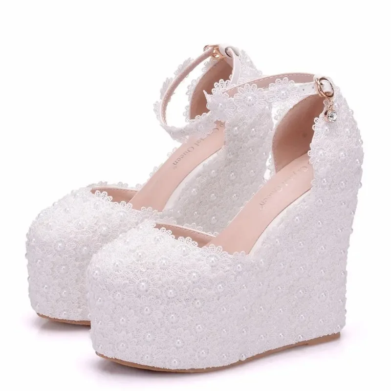 Fashion Dress Women Pumps Shallow Wedding PU 12CM Wedges Round Toe Buckle Strap White Lace Pearl Pole Dancing Woman Shoes