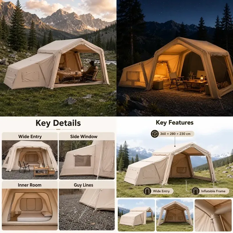 Large 2 Bedroom Inflatable Camping Tent Waterproof Windproof Luxury Air Cushion for Family Outdoor Commercial Activities OEM