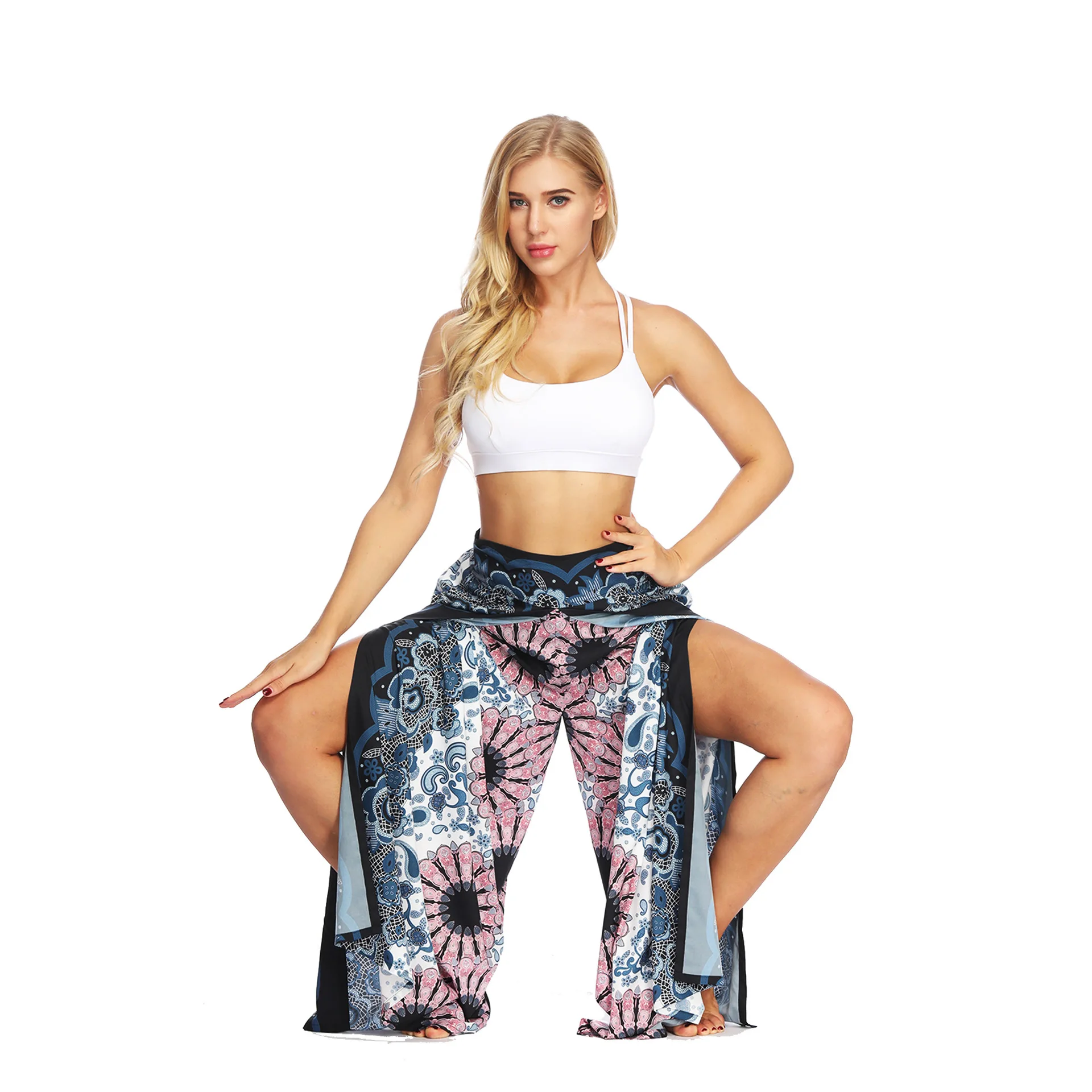 Women Soft Slit Leg Pants Harem Dance Beach Boho Baggy Yoga Pants Summer Loose Wide Leg Wrap Long Pants AM5077