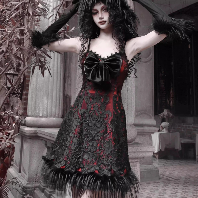 オリジナルデザインのクリスマスドレスの女性の蝶ネクタイスリムストラップハロウィンドレス女性の夏のゴシック黒赤パーティーカーニバルドレス