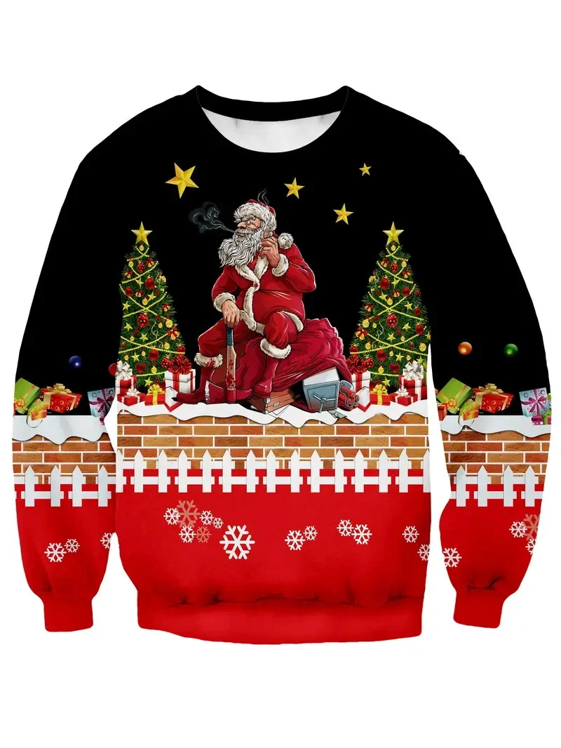 

Funny Elk Pattern Print Sweatshirt Round Neck Hoodies For Men Santa Claus Graphic Tops Autumn Winter Casual Hoody Party Clothing