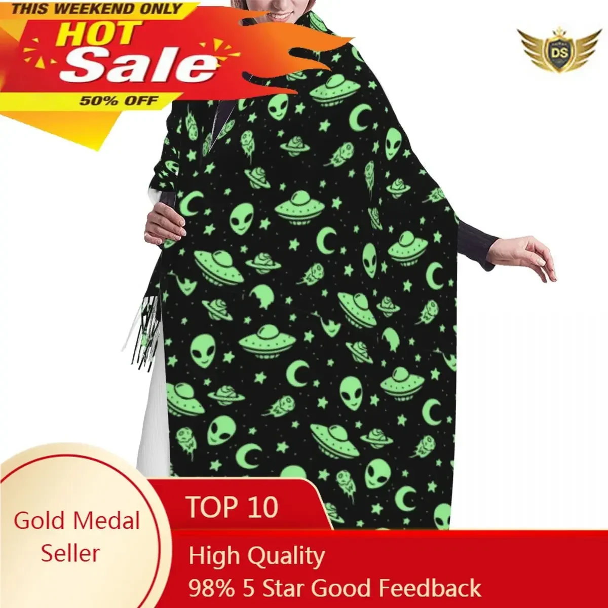 

Winter Tassel Scarf Green Alien UFO Moon Women Cashmere Scarves Neck Head Warm Pashmina Lady Shawl Wrap Bandana