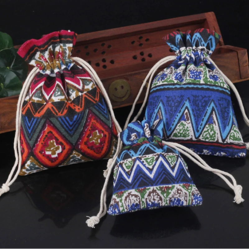 20pcs Antique Linen Cloth Drawstring Brocade Bag Small Cloth Bag Jewelry Storage Bag Jewelry Bag Stationery Tidy Bag Reusable