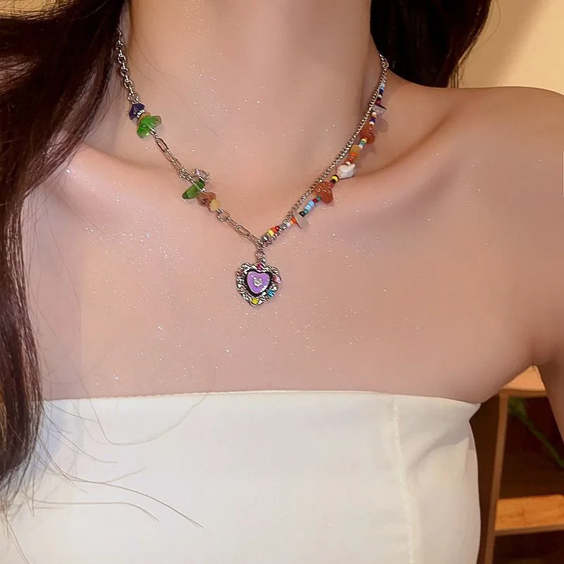 الصيف الملونة مطرز قلادة مع الحب قلادة قلادة للنساء الفاخرة Y2k مجوهرات نمط سلسلة الترقوة Collares الفقرة mujer #1