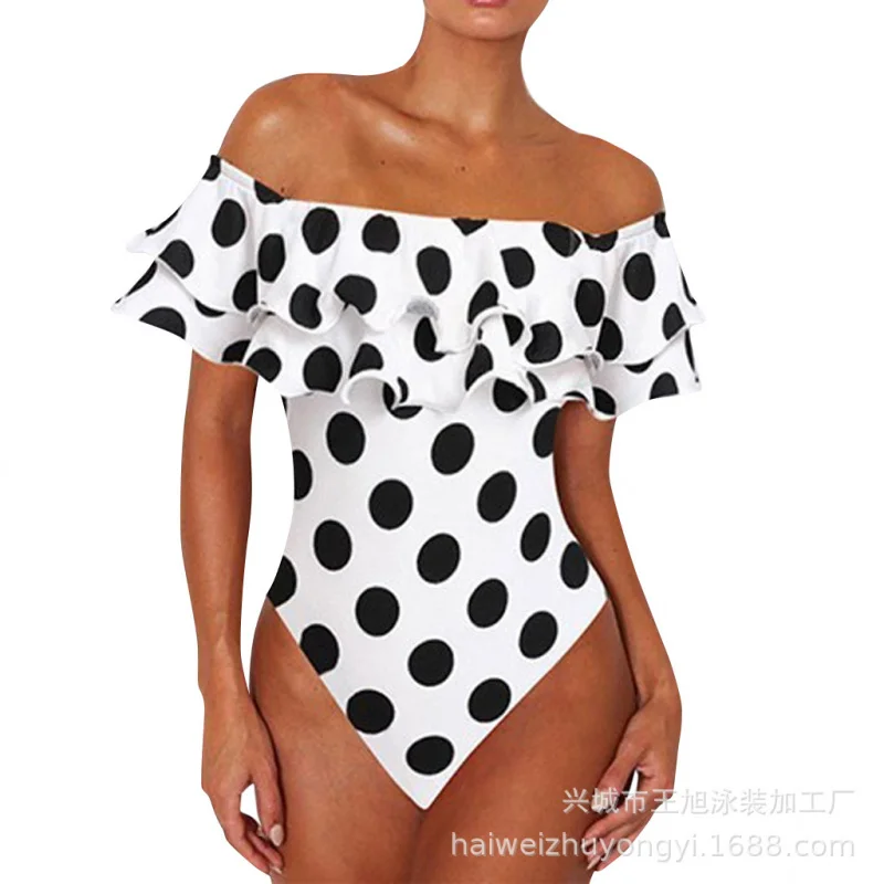 

Strapless One-Piece Triangle Print Polka Dot Swimsuit Plus Size Ruffle Swimwear for Women Wholesale