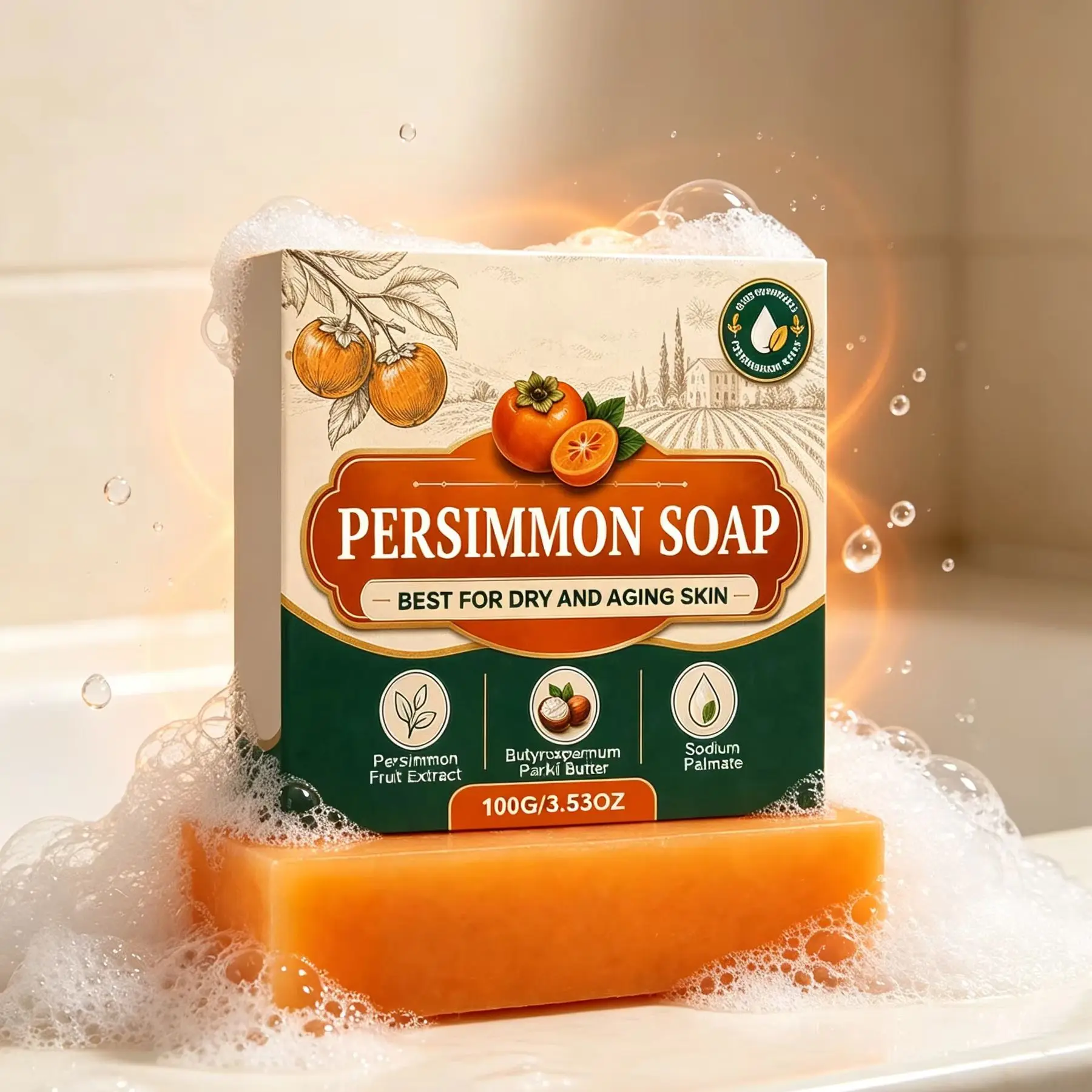 Persimmon Soap Body Odor Removal Improve Dryness Refresh Rich Foam Natural Shea Butter Smooth Body Cleaning Bath Soap Bar 100g