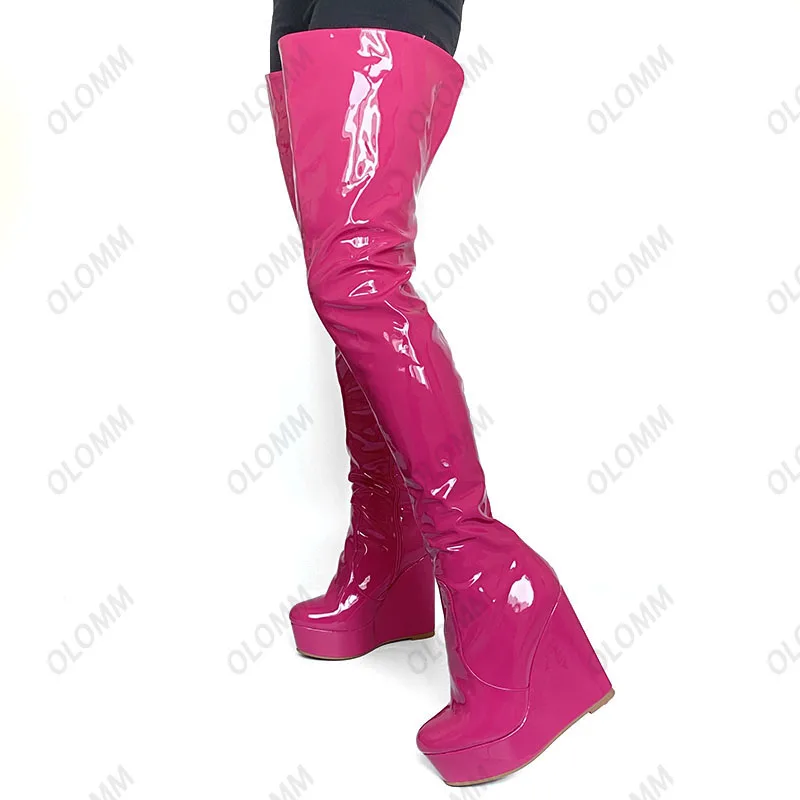 Olomm Handwork Women Shiny Platform Thigh Boots Side Zipper Wedges Heel Round Toe 10 Colors Party Shoes Women Plus US Size 5-20 view 3