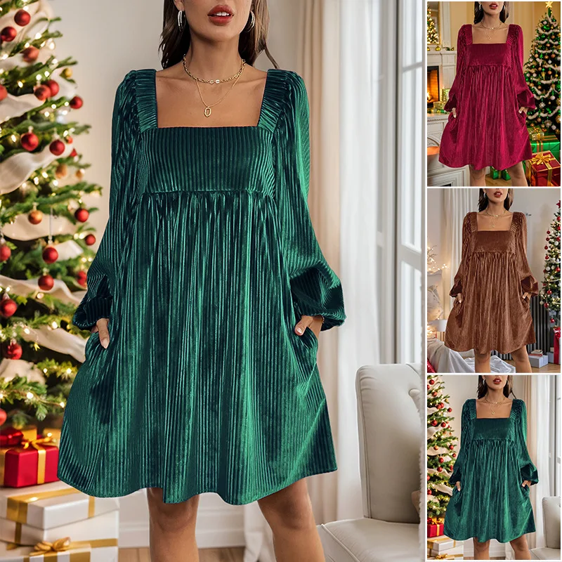 

2024 Autumn Winter Cisas Vntine's Day Velvet Square Collar Color Women's Dr Casual High Waist A-Line Skirt