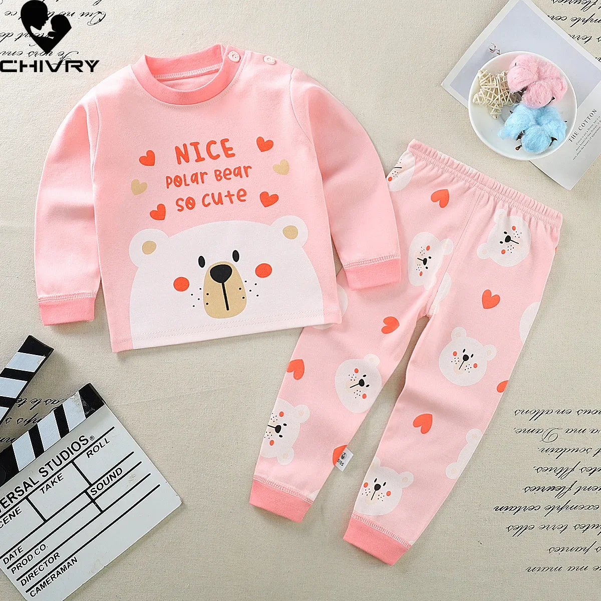 New 2024 Kids Girls Pajama Sets Cartoon Long Sleeve T-Shirt Tops with Pants Toddler Baby Spring Autumn Sleepwear Clothing Sets