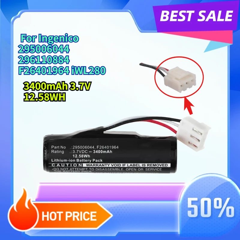 

3400mAh 3.7V Battery compatible with Ingenico 295006044 296110884 F26401964 iWL280