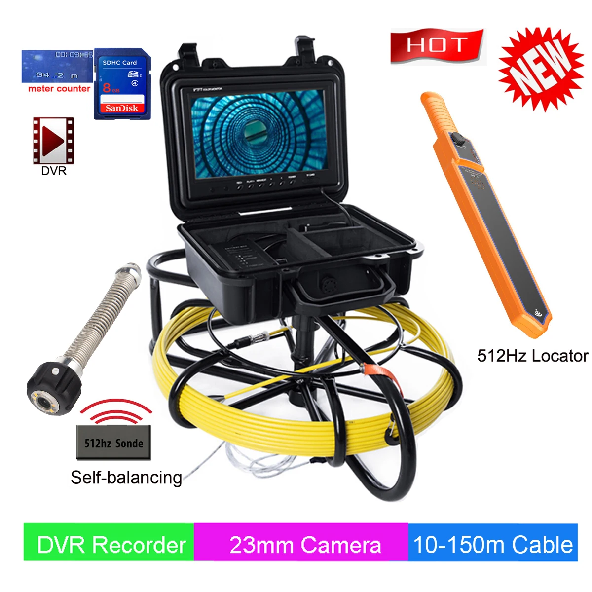 

AHD 1080P 512HZ sonde Locator Auto Self Leveling Pipe Sewer Drain Inspection Camera system DVR with 5mm cable 150m