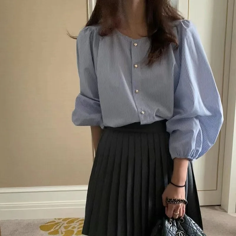 QWEEK Youthful Striped Shirts Woman Korean Fashion Elegant Lantern Sleeve Blouses Casual Chic Old Money Style Spring Aesthetic