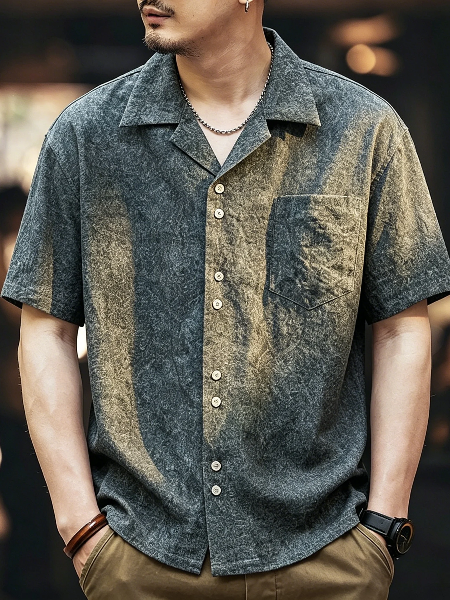 American Cuban Collar Short Sleeve Men's Shirt Casual Old Money Style Textured Cool Feeling Top Five Button Open Cardigan