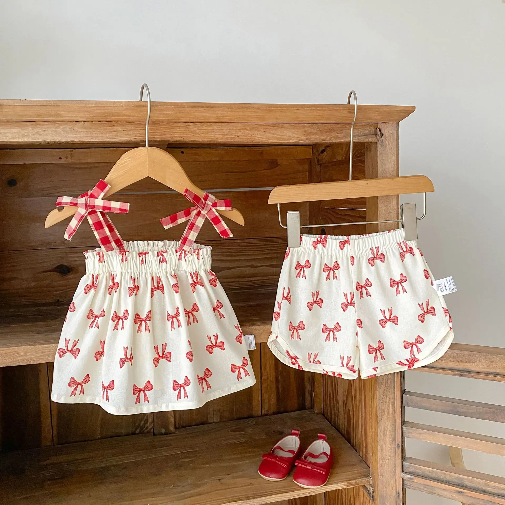 2026 Summer Baby Girl Bow Print 2PCS Outfit Cami Top + Shorts Set Infant Casual Summer Clothes for Newborn Baby