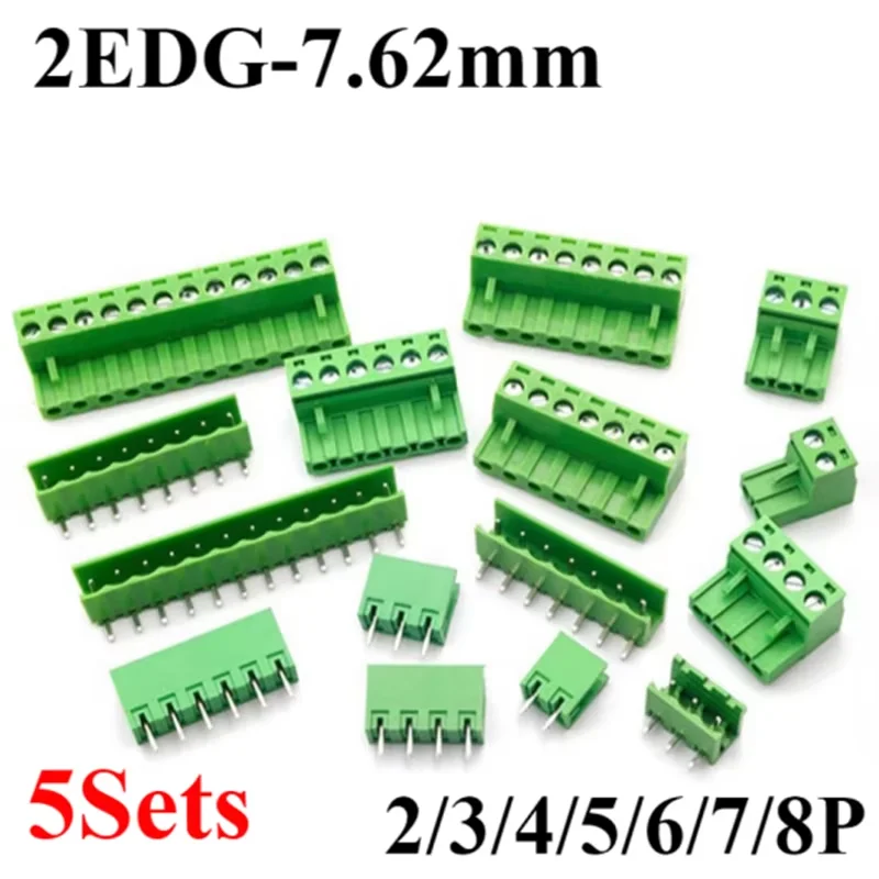 5Sets 7.62MM Terminal Block 2/3/4/5/6/7/8P 2EDG-7.62 Male/Female Straight Curved Needle Socket PCB Wire Connector