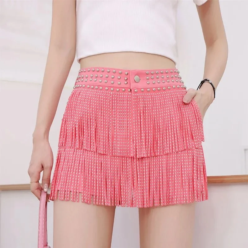 Pantaloncini bianchi con nappe a vita alta per le donne Estate 2025 Nuova versione coreana Moda Pantaloncini da ballo sexy Gonne Streetwear femminile