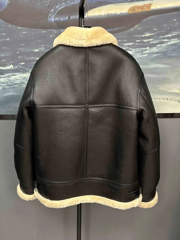American Classic Retro Real Fur Mens Jacket Winter Warm Thick Jackets Lapel Wool Lining Coat Genuine Leather Sheepskin Outerwear view 2