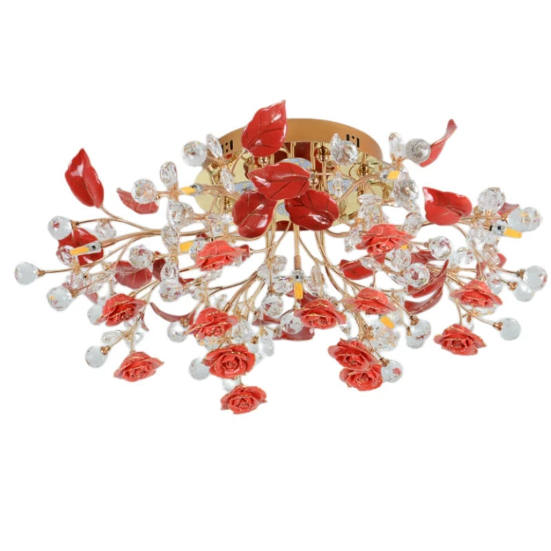 الوردي/الأخضر السيراميك زهرة LED مصباح السقف للمنزل الزفاف ارتفع كريستال ثريا تركب بالسقف غرفة الطعام G4 Led Sarface الإضاءة