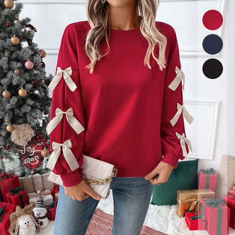 

YYAHAHAS Autumn and Winter Hot European and American Sweet Style Top Round Neck Bow Red Christmas Hoodie Female Clothing