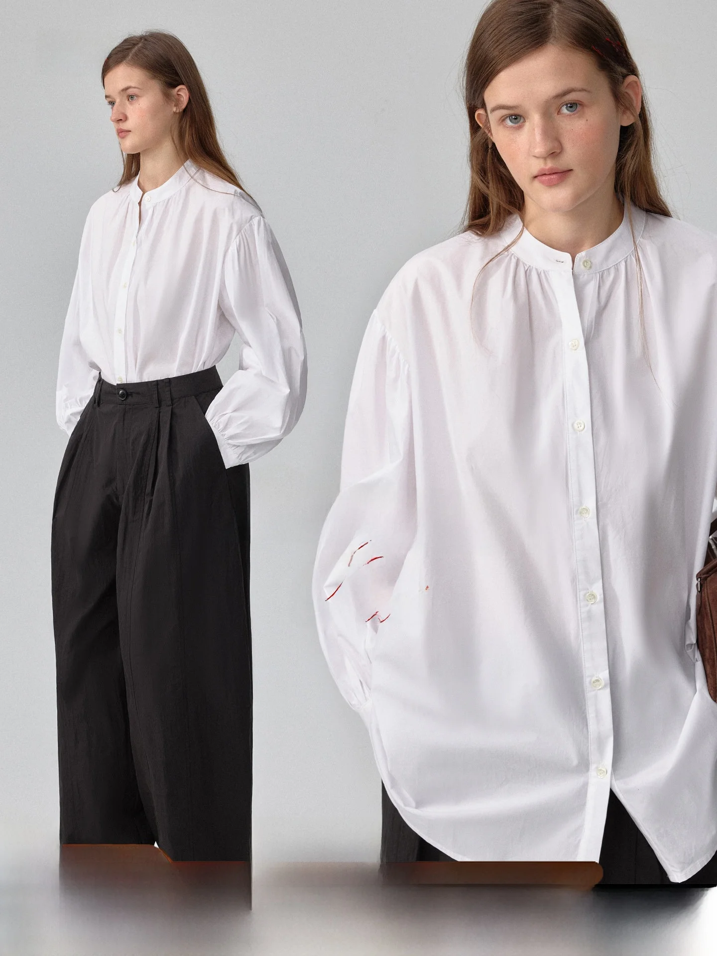

plus Korean Style Artistic Short Shirt Women's Early Spring Lantern Sleeve Commute Casual Loose Fit Cotton Shirt