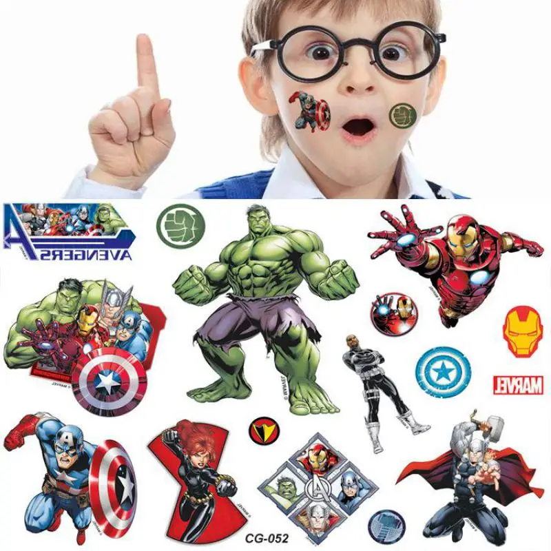 New Avengers สติกเกอร์รอยสัก Disney Theme กันน้ำ Superhero สติกเกอร์วันเกิด Party Supplies การ์ตูนเด็กเด็กของขวัญ