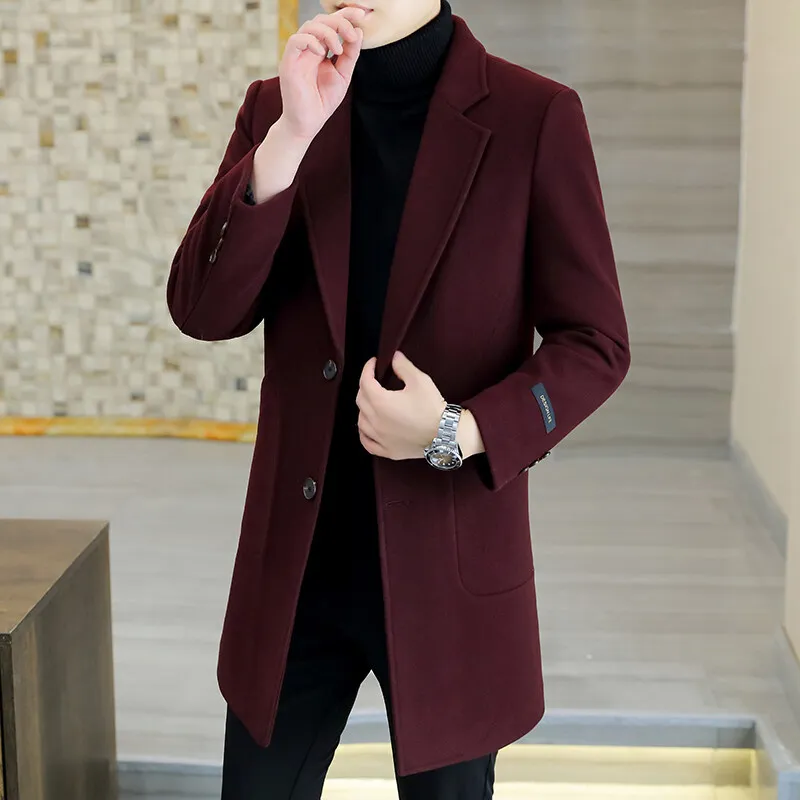 Business Casual Men's Mid-Length Woolen Coats Autumn Winter Classic Thick Warm Wool Overcoat Outwear Solid Windbreaker Jackets