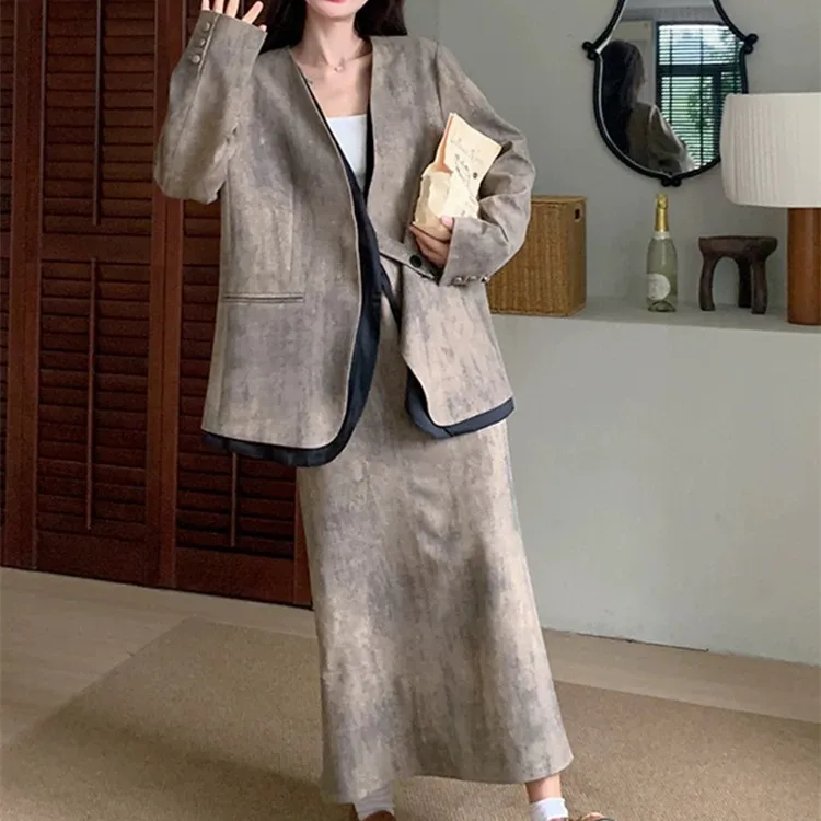 Dyeing casual suit sets  2024 new women\'s spring and autumn two-piece top+half skirt two-piece set