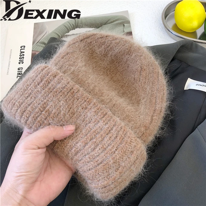 2021 Rabbit Fur Winter Hat for Women Beanie Cashmere Wool Cap Angora Knitted Skullies Beanies Thick Warm Soft Knit Hat Bonnet