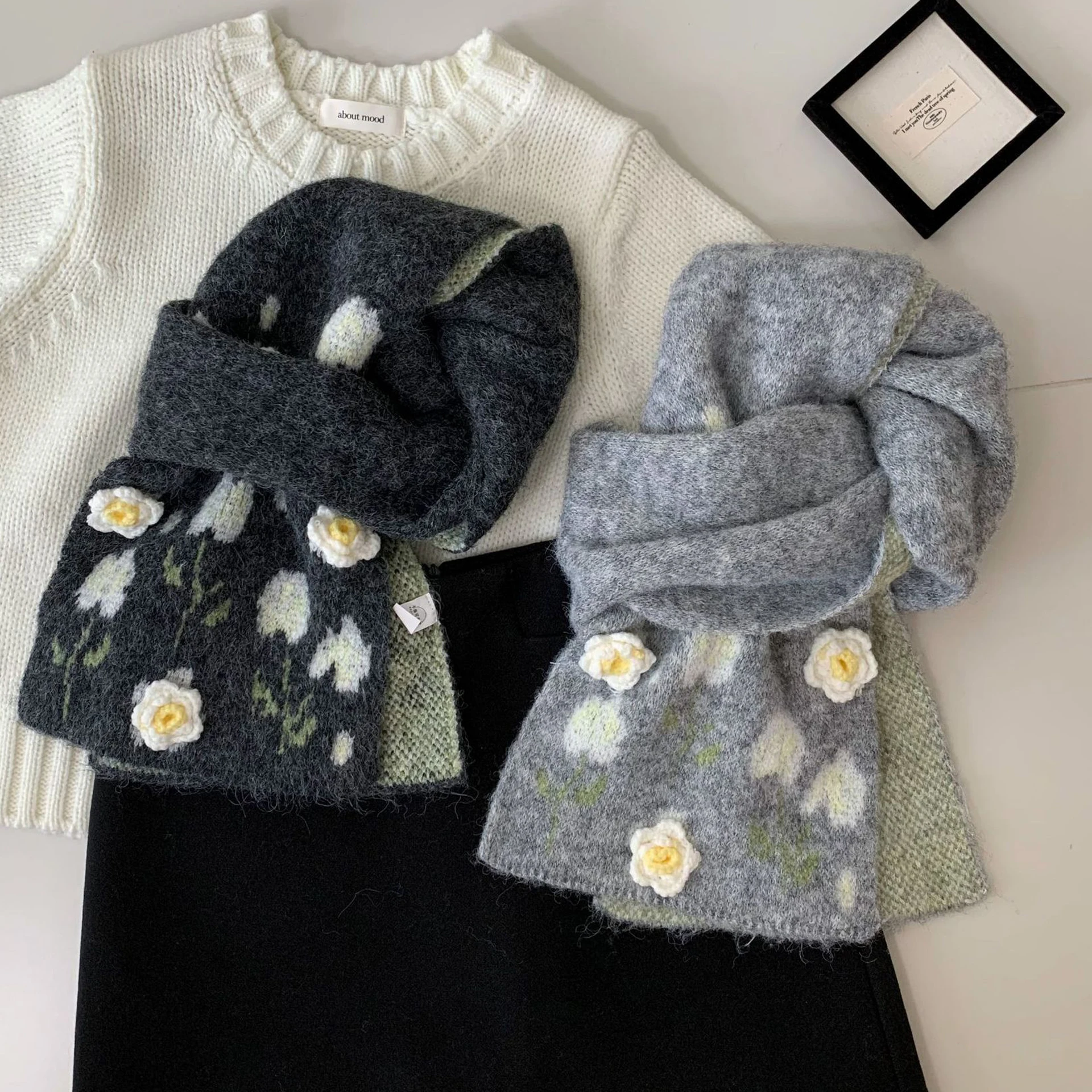 

unique pattern flower scarf for women autumn winter black gray knitted scarf