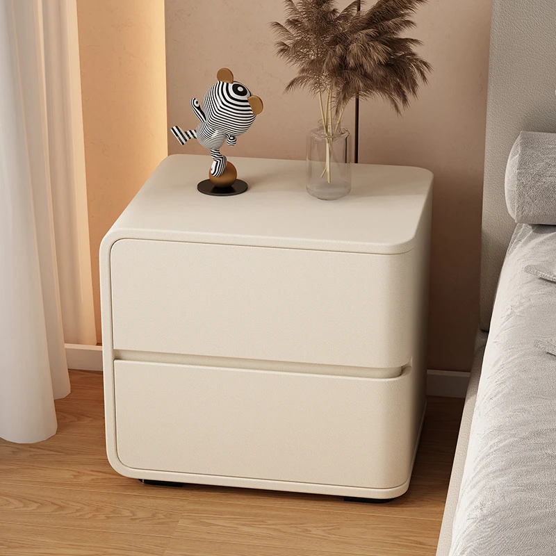 Solid Color Leather Bedside Table Modern Style Living Room Storage Side Cabinet Bedroom Wooden Nightstands End Table