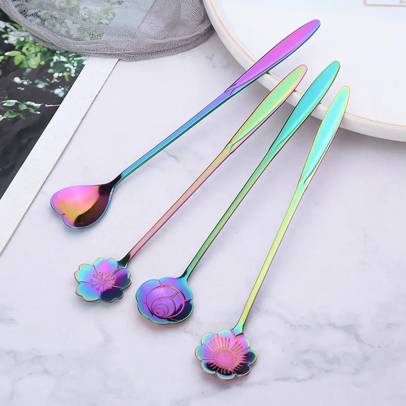 8Pcs Flower Spoon Set, 2 Different Size Colorful Stainless Steel Teaspoons Rainbow Coffee Stirring Spoon