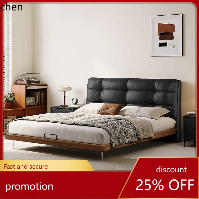 

HT Vintage Style Genuine Leather Minimalist Double Bed High-End Modern Master Bedroom Simple Double Wedding Bed